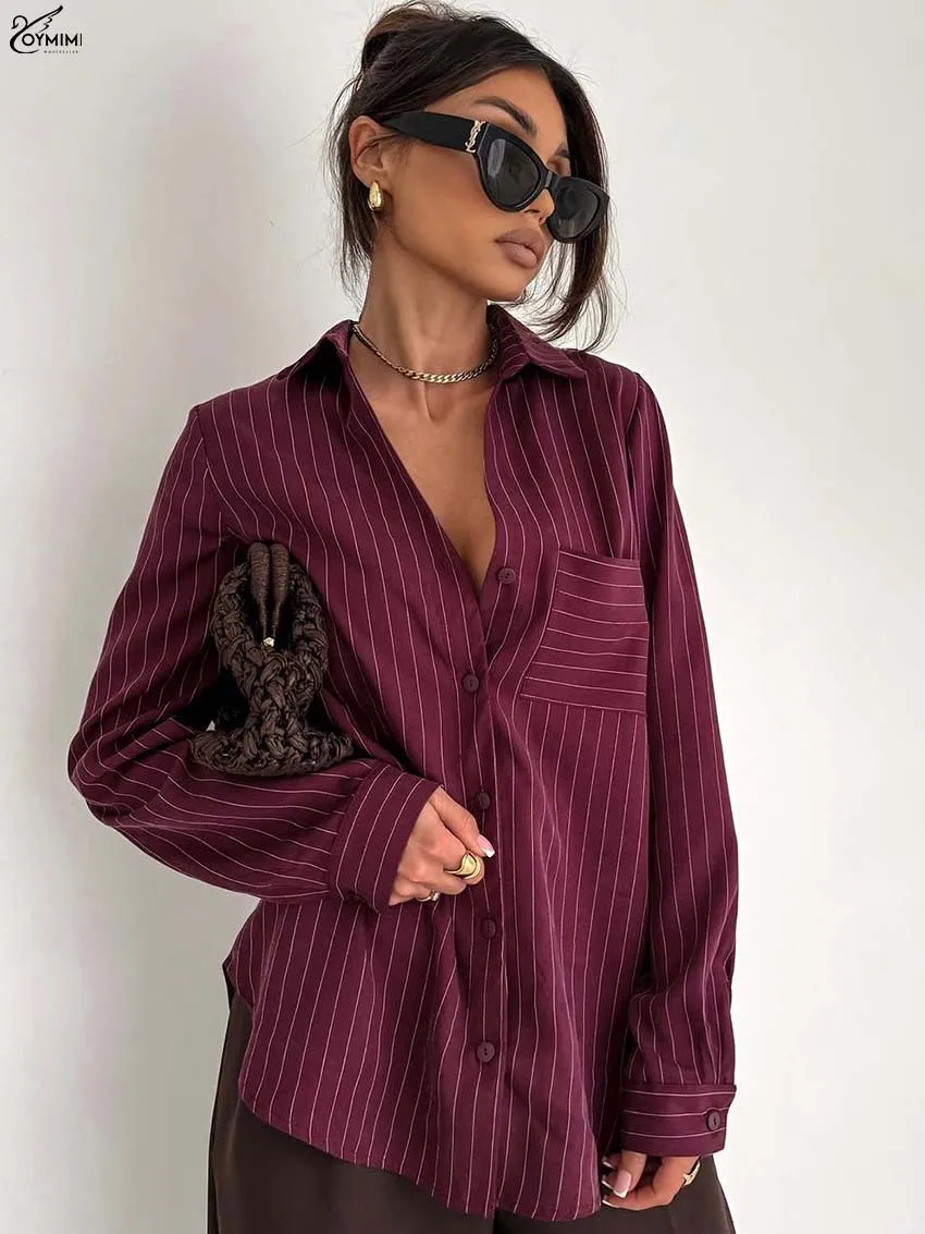 Oymimi Eleagnt Wine Red Print Woman Blouses Fashion Turn-Down Collar Long Sleeve Blosues Casual Pockets Single Breasted Shirts