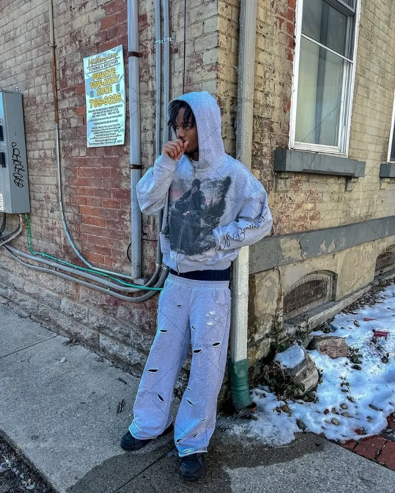 2025 شارع العليا الأمريكية الرجعية الشارع الشهير الرجال القوطية Harajuku رسالة سحاب مطبوع هوديي العصرية الشرير Y2K البلوز فوق الجانب #2