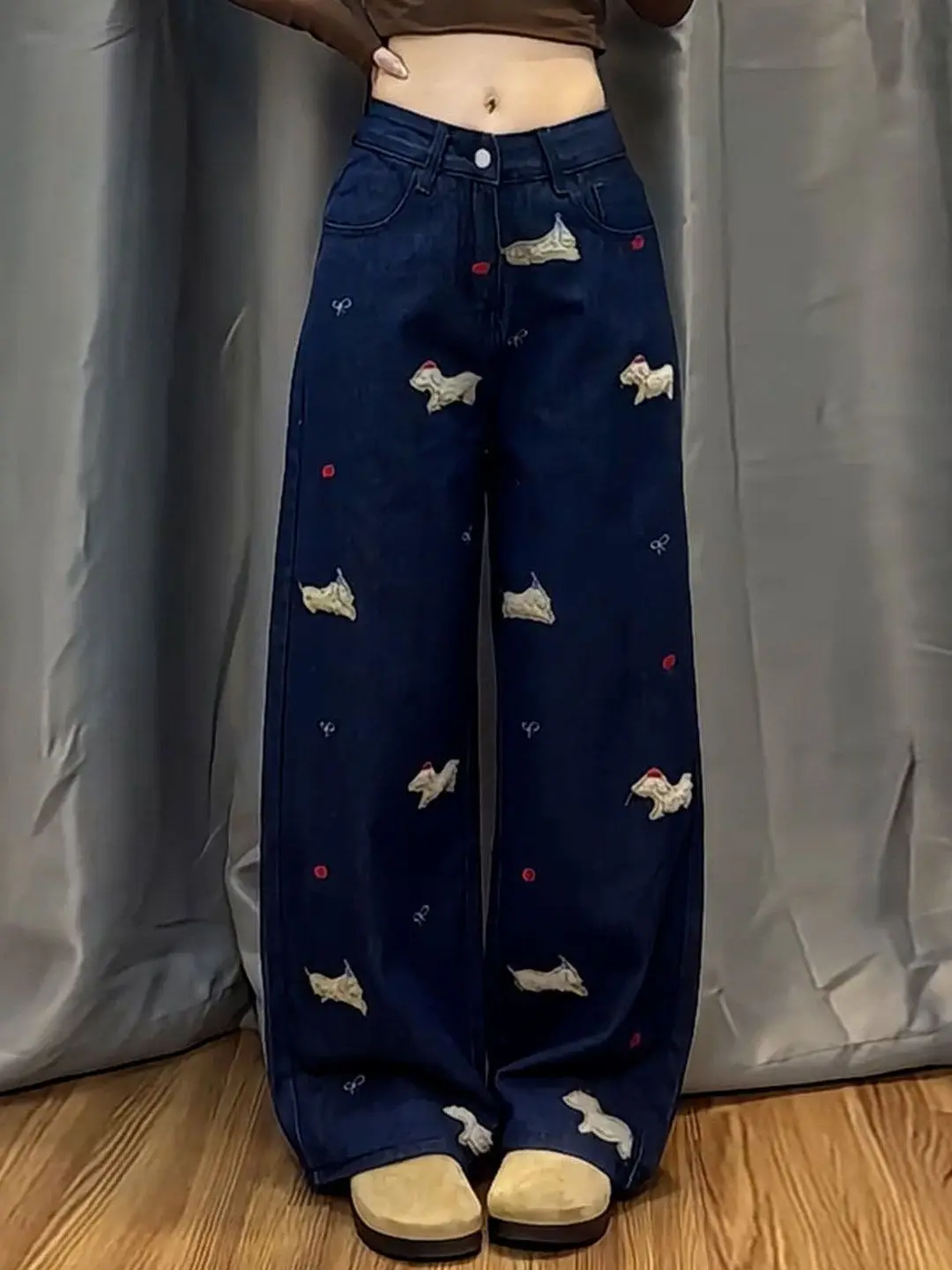 

Spring 2026 High Waist Loose Fit Women's Denim Jeans Embroidered Doggie Design Straight Leg Floor Length Trousers