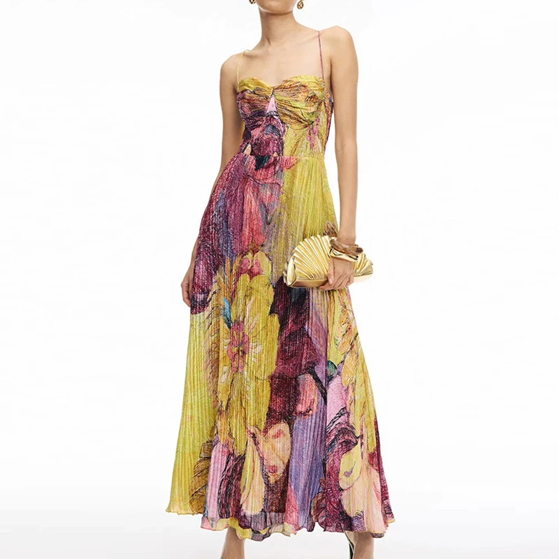 

Summer Hollow Pattern Printed Long Dresses Casual Sleeveless Swing Beach Dress Sexy Off Shoulder High Waist Pleated Party Dress
