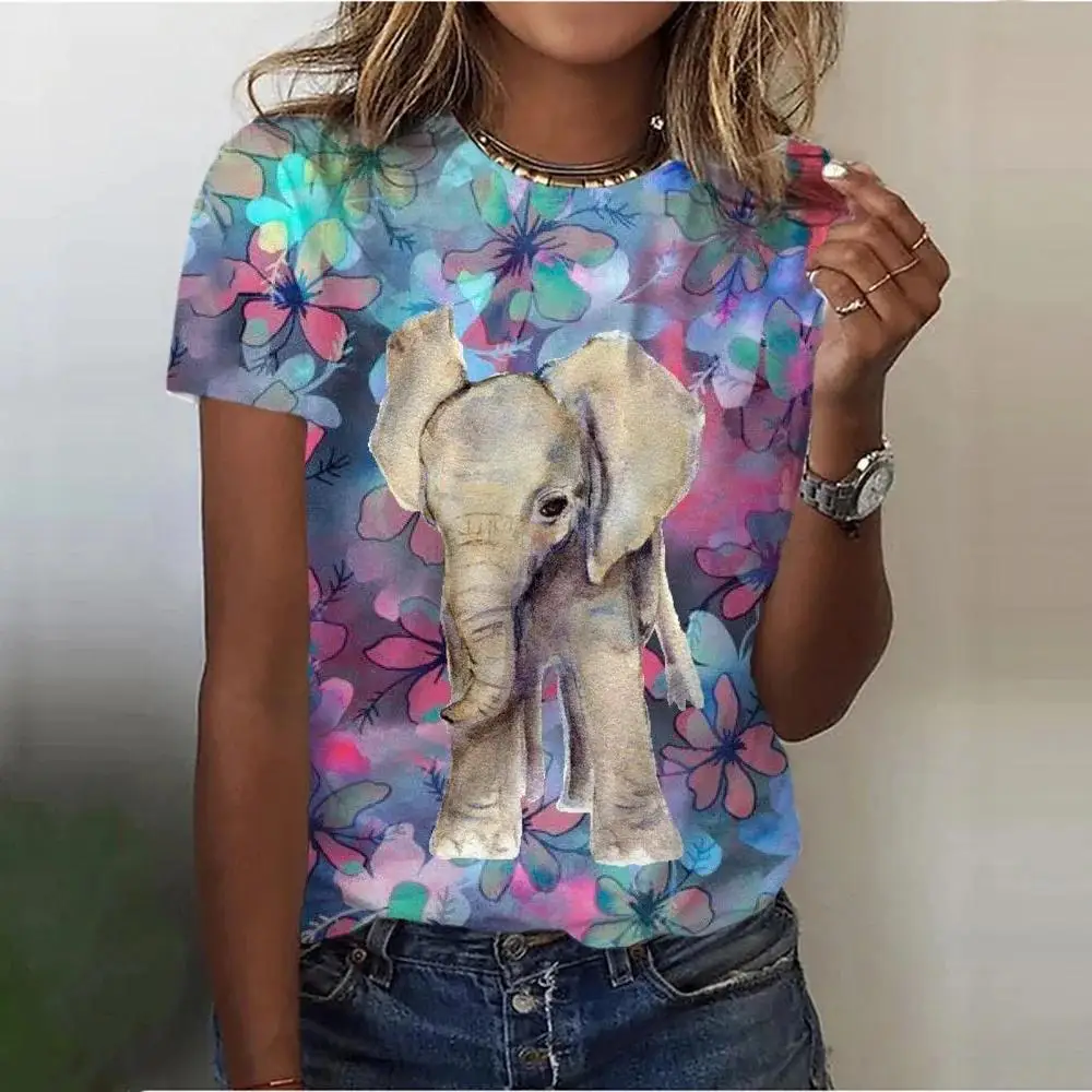 Colorful Holy Elephant 3D Print Women's T-Shirts O-Neck Short Sleeve T Shirt Harajuku Tops Oversized Y2k Tees Female Clothing
