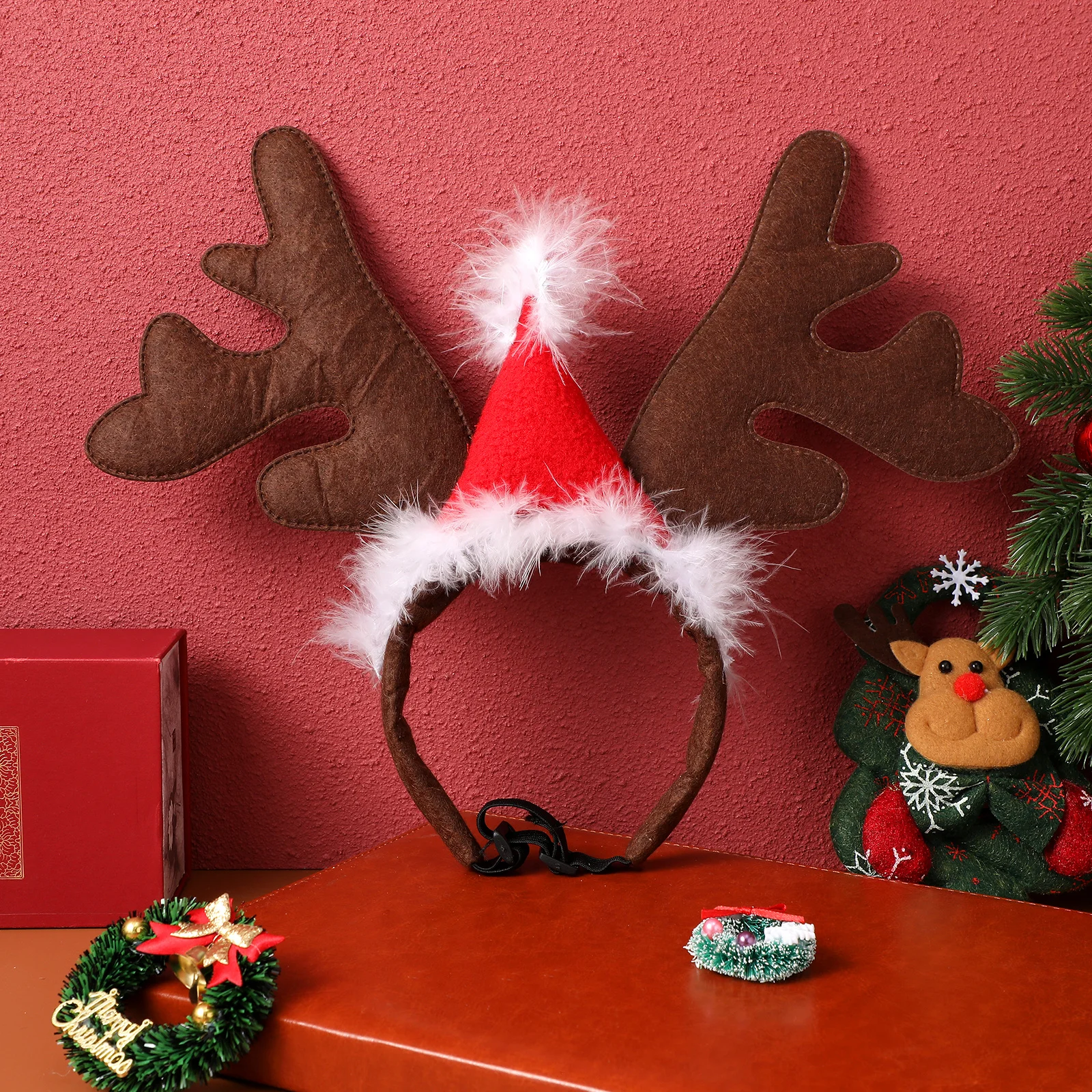 

Adorable Christmas Antlers Headband Red Coffee for Pets Comfortable Wear Daily Outdoors Walking Photography Party Head Accessory