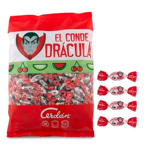 Caramelos del Conde Drácula con Sabor a Cereza, Sin Gluten, Aptos para Veganos, Ideales para Halloween, 1 kg – Sin Cafeína, Envueltos Individualmente, Hechos en España