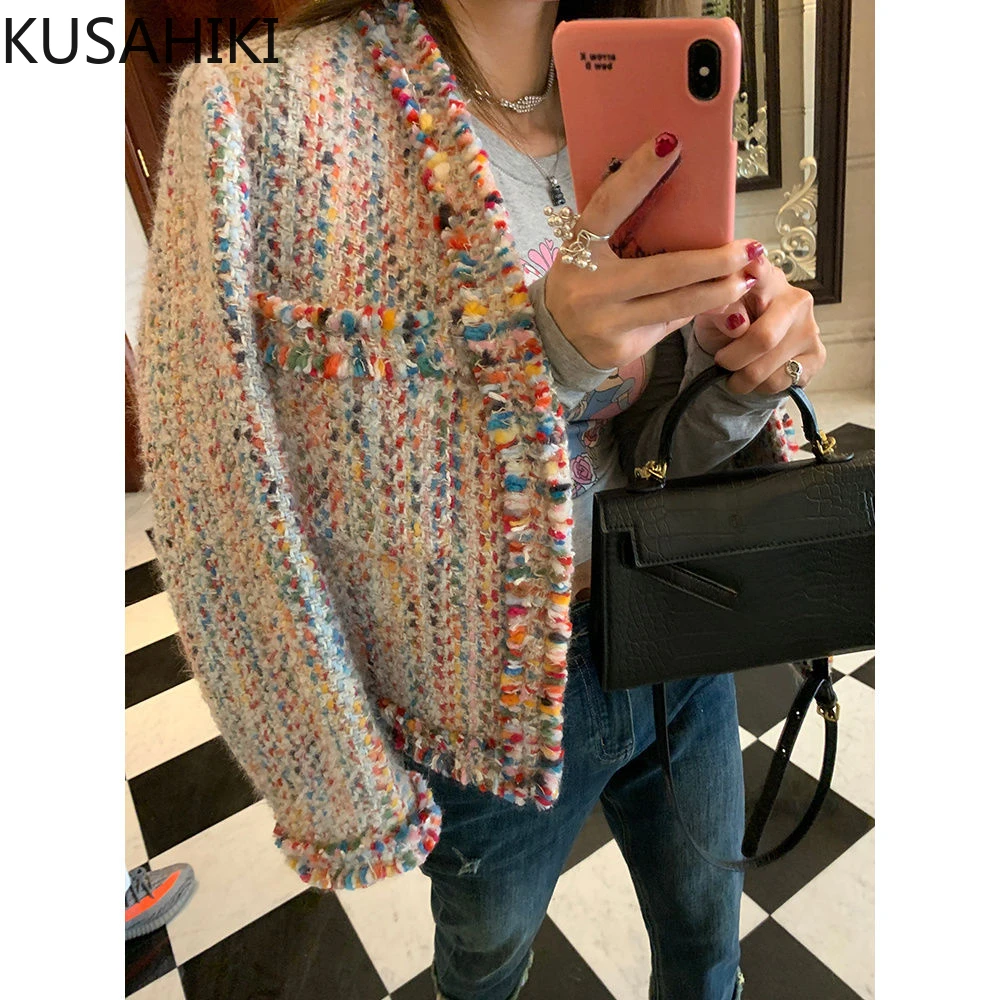 KUSAHIKI Fashion Elegant Woolen Colorful Cardigan Coat Women 2023 Autumn Winter New Jackets Causal Korean Style Outwear Tops