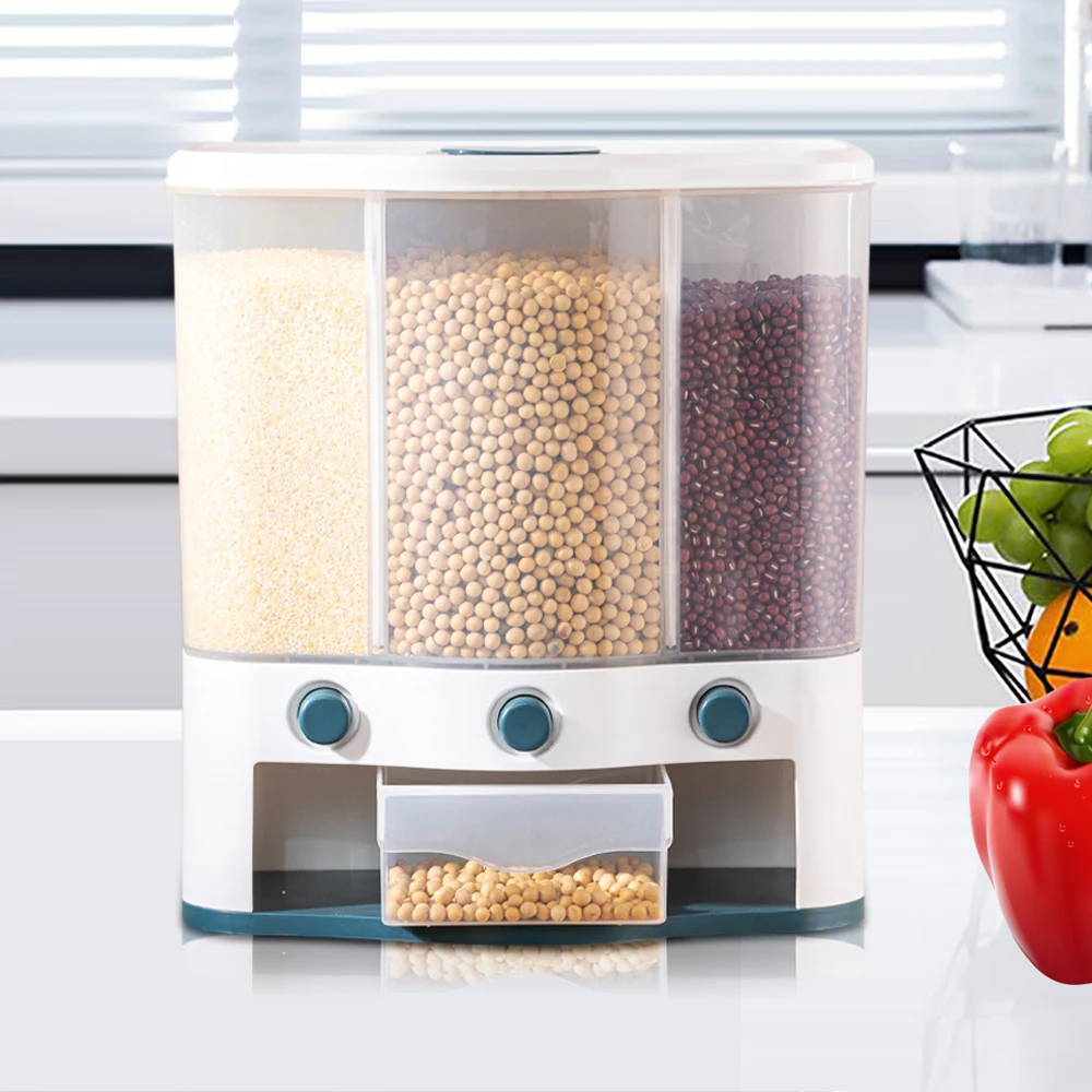 6L 3-Grid Dry Food Dispenser Grain Storage Rice Tank Box Food Container Kitchen Organizer Airtight Container For Kitchen Storage