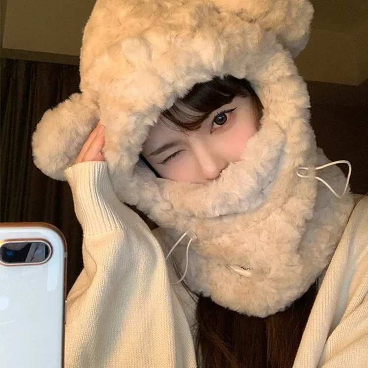 

y2k Kawaii Winter Warm Bear Ear Plush All-in-one Beanie Windproof Scarf Hooded Ear Protection Thickened Hat Scarf Sets Women Cap