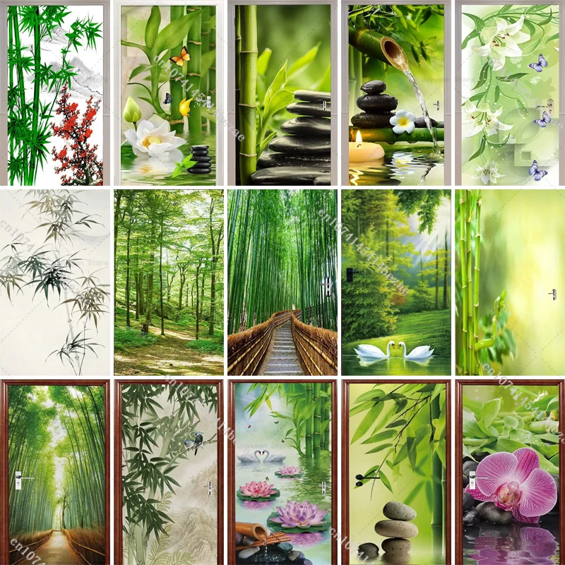 

Chinese Style Green Bamboo Forest Door Sticker Living Room Decoration Mural Natural Scenery Removable Self-adhesive Door Sticker