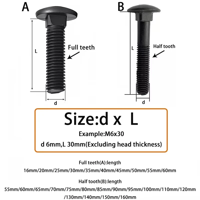 M8 M10 M12 Black Coach Screws Square Neck Bolt Half tooth Full tooth Grade 8.8 Carbon Steel Truss Round Head Carriage Bolts