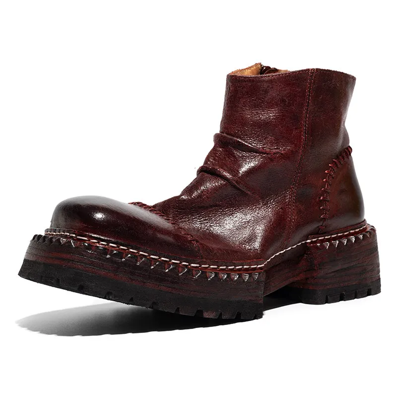 Europe Original Retro Washed Horse Skin Handmade Square Head Chelsea Boots Shoes for Men's Women's Leather Soles Horsehide Shoes