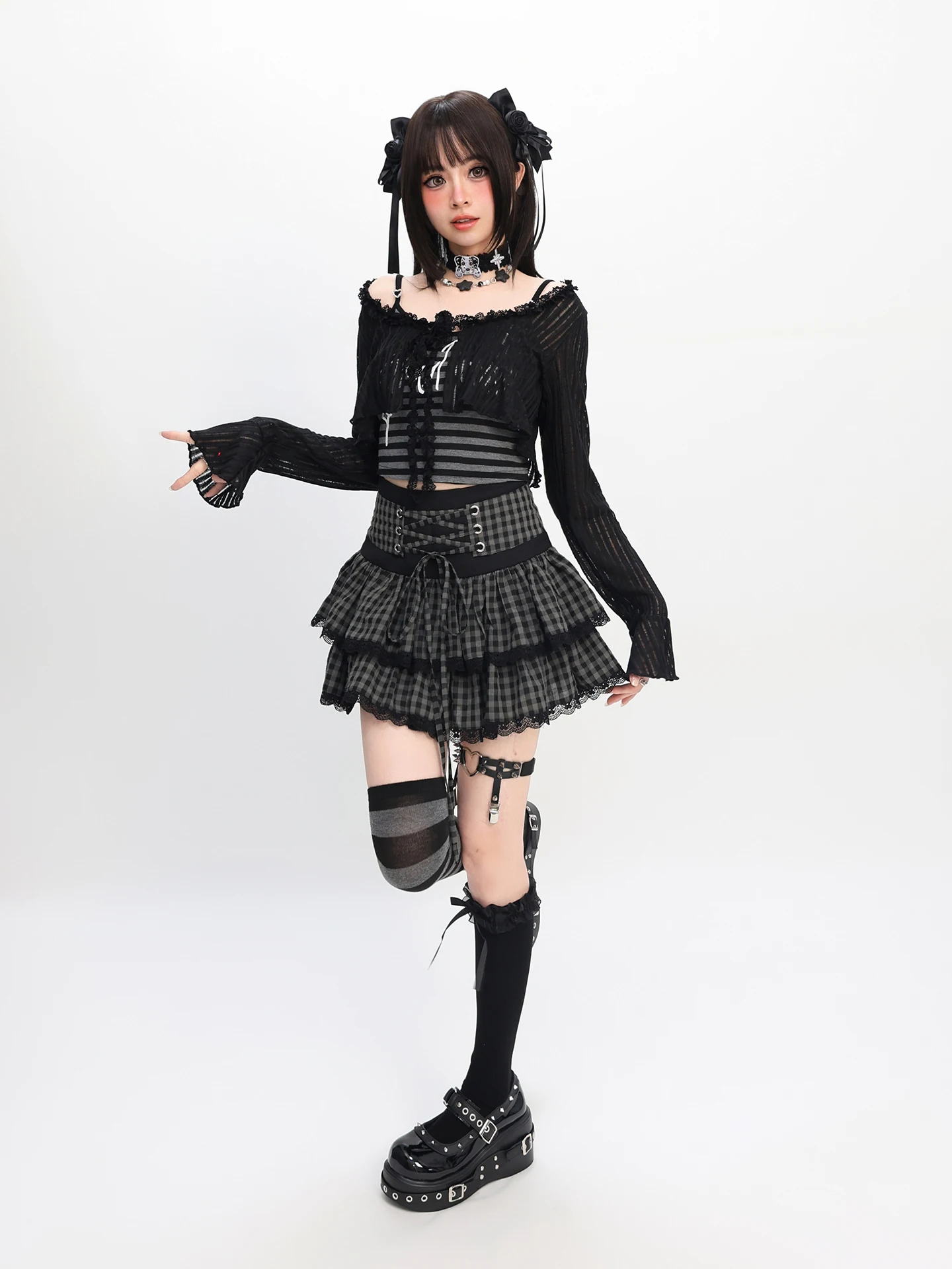 Mode Süße Kühle Subkultur Mädchen Y2k Top Lange ärmeln Shirts Hohe Taille Spitze-up Bogen Vielseitig Plaid Mini röcke Frauen Sommer