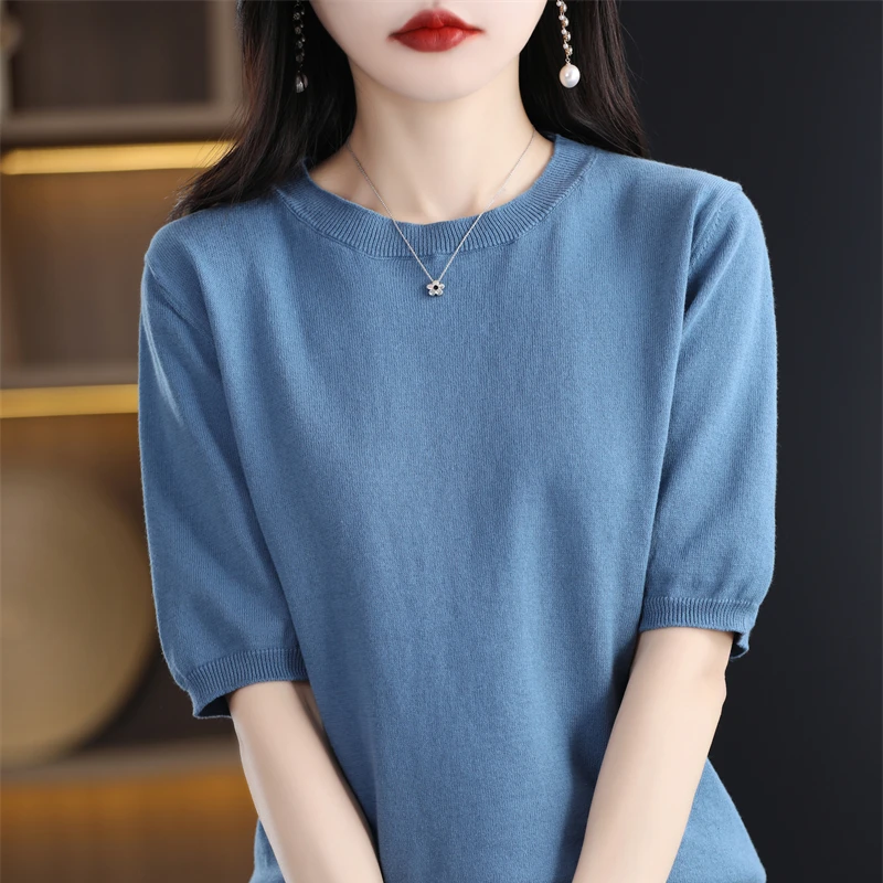 Summer 100% Cotton Knitted Short-Sleeved T-shirt Women\'s Round Neck Loose Semi-Sleeve T-shirt Top