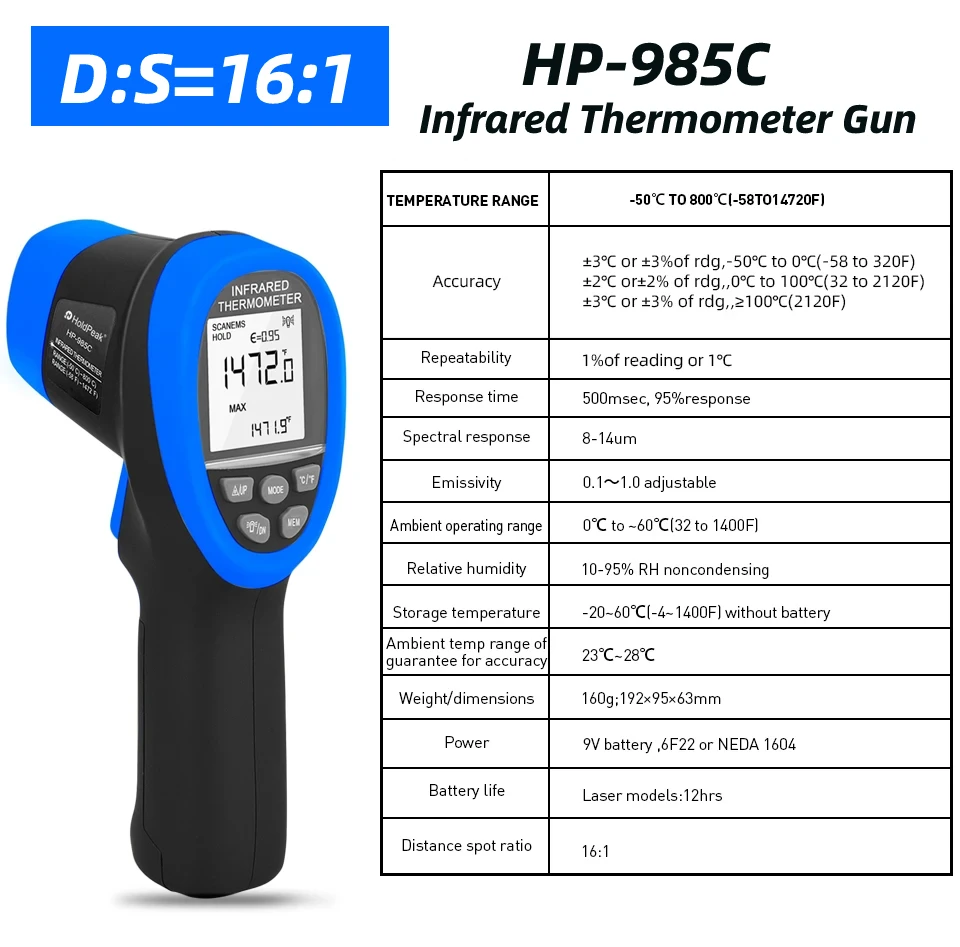 

HOLDPEAK HP-985C Infrared Thermometer Gun - Non Contact 16:1 IR Laser Temperature Gun Digital Instant Read -50℃~800℃(-58℉~1472℉)