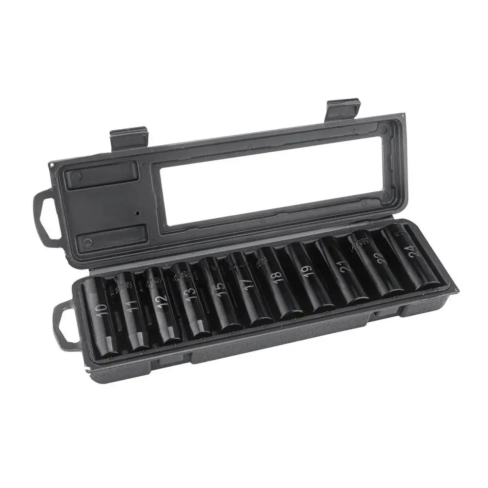 

11-Piece 1/2" Drive Deep Metric Impact Socket Set Storage Case Vanadium Steel 6-Point Chamfered Fasteners Rust Resistant Black