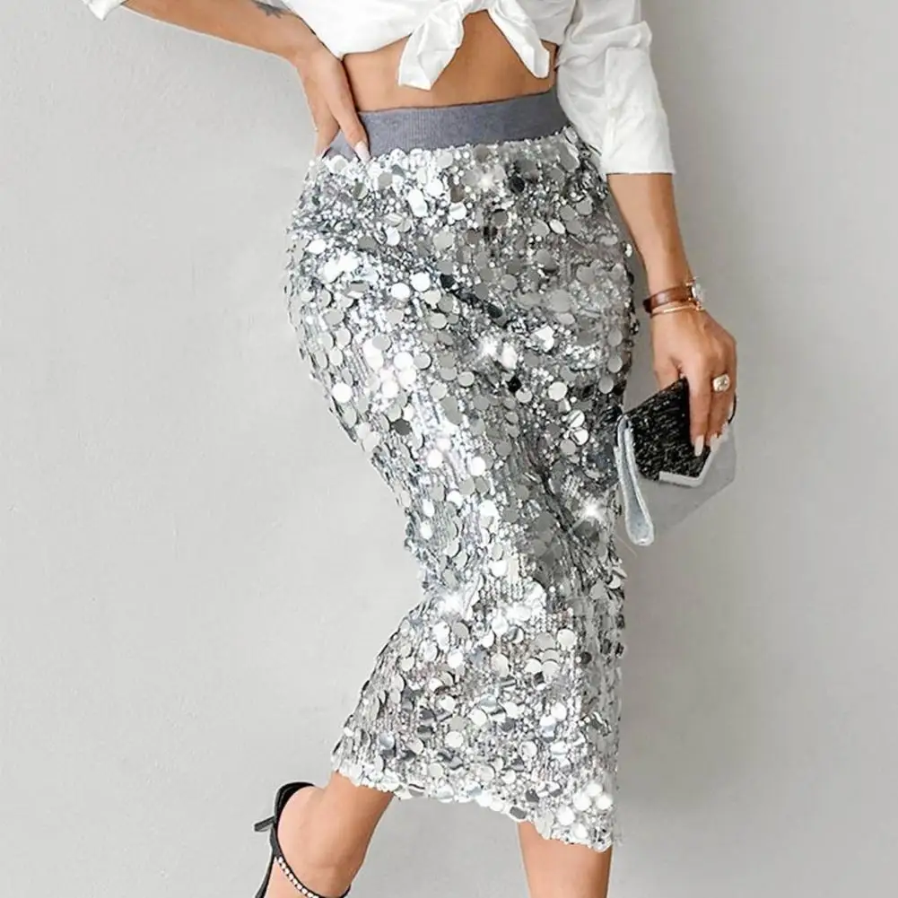 Sexy  Sequin Glitter Skirt High Waist Hip-hugging Skirt Ladies' Fashionable Solid Color Elegant Mid Length Sequined Skirts