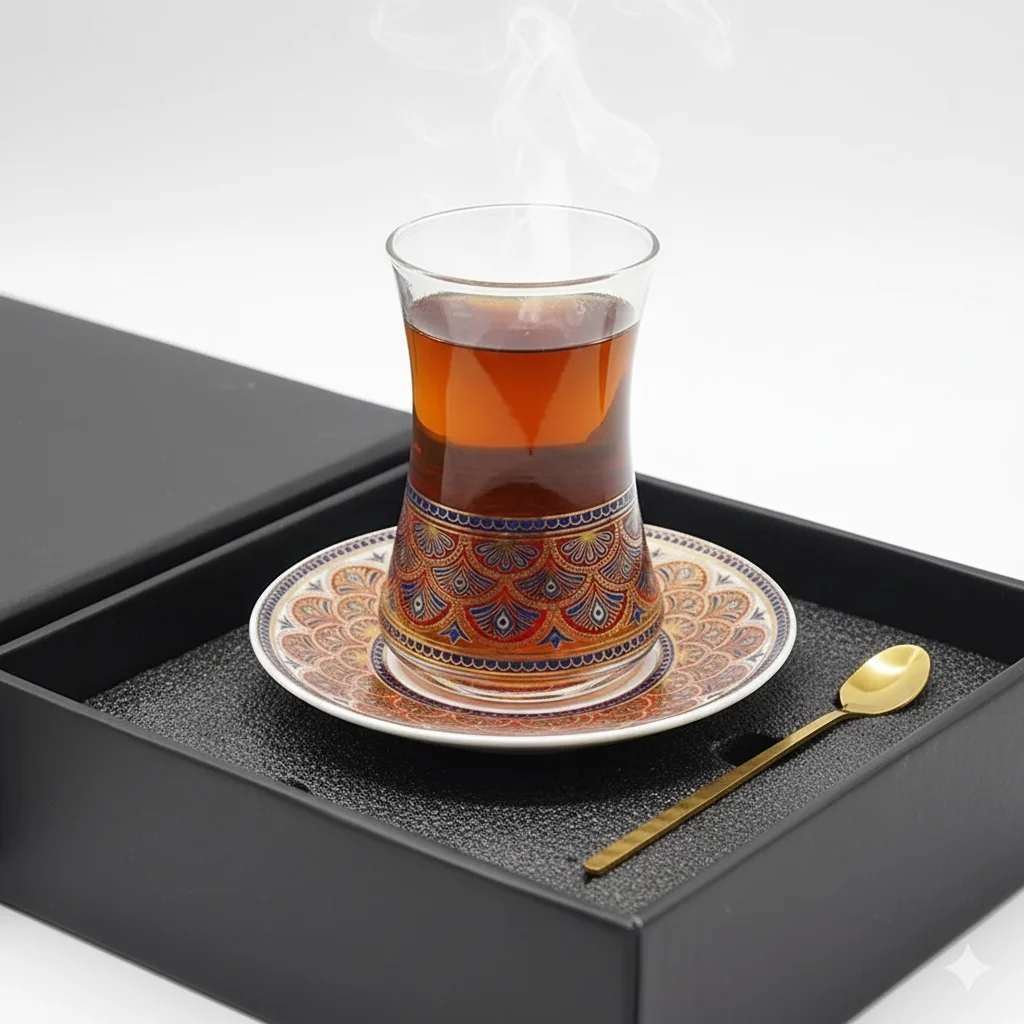 

High-Grade Turkish style Red Gold heat-resistant glass coffee cup tea cup set with Saucers Spoon Drinkware Set Gift Packing