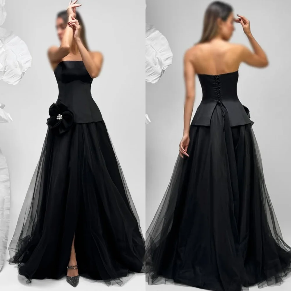 Customized High Quality Fashion Tulle Handmade Flower Pearl A-line Strapless Long Dresses Bespoke Occasion Dresses Modern Style