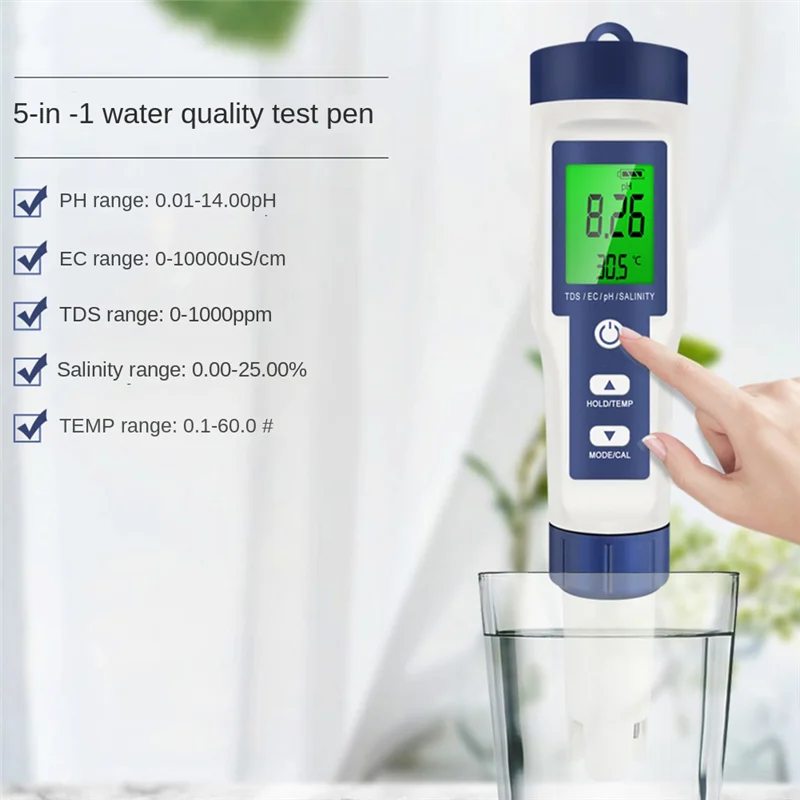 A60F-5 In 1 Temperature Meter TDS/EC/PH/SALT /Salinity Water Quality Monitor Tester For Aquarium Acidimeter