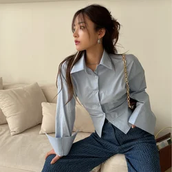 Korean Women Shirts Sweet Bandage Chic Long Sleeve Female Casual Blouse Summer New Solid Turn Down Collar Ladies Crop Tops