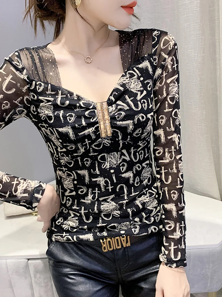 Damen Fce Lined Me Base irt Slim Fit Long Sve V Ne T irt Frühling Herbst Faionable bedrucktes Innenoberteil