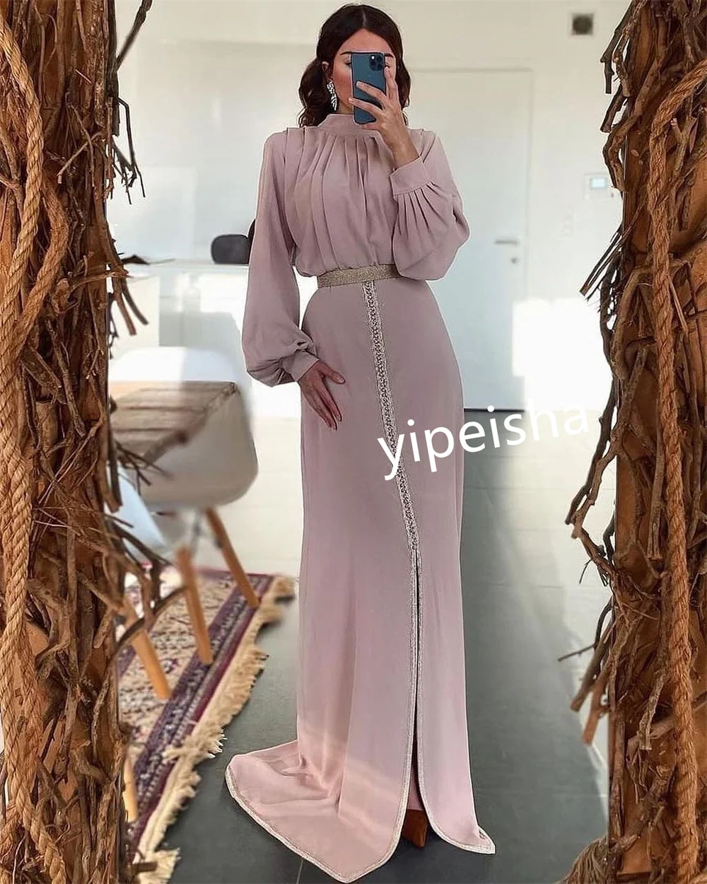 Customized Simple Jersey Pleat Sequined A-line High Collar Long Dresses Cocktail Dresses Chinese Style Classic Exquisite Fashion