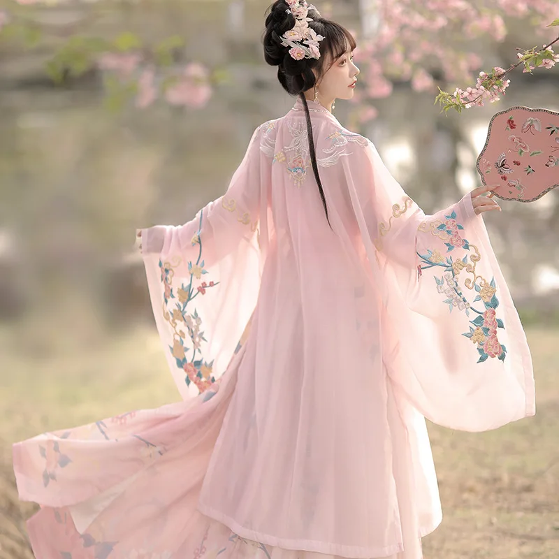 

Original Hanfu-style Costume with Pink Embroidery Long Sleeves and Qiwaist Skirt, Exuding a Song Dynasty-inspired Ancient Charm