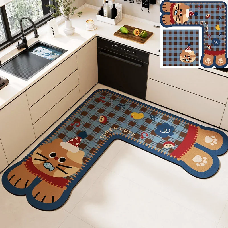 100x100x45cm L Shaped Kitchen Mat Absorbent Non Slip Oil Proof Floor Rug Diatom Mud Washable Corner Foot Mat Cute Carpet