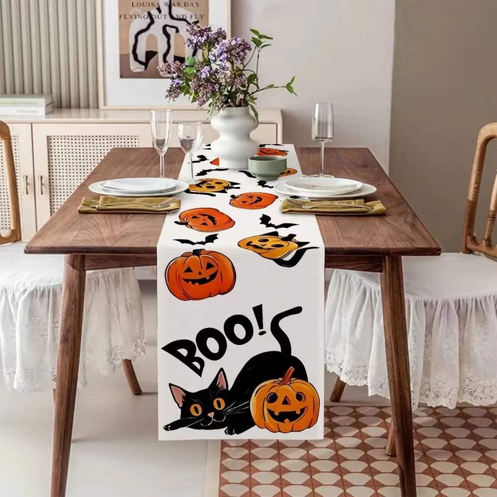 Halloween Black Cat Jack O Lantern Pumpkin Table Runner, Funny Indoor Outdoor Home Decor for Kitchen Dining