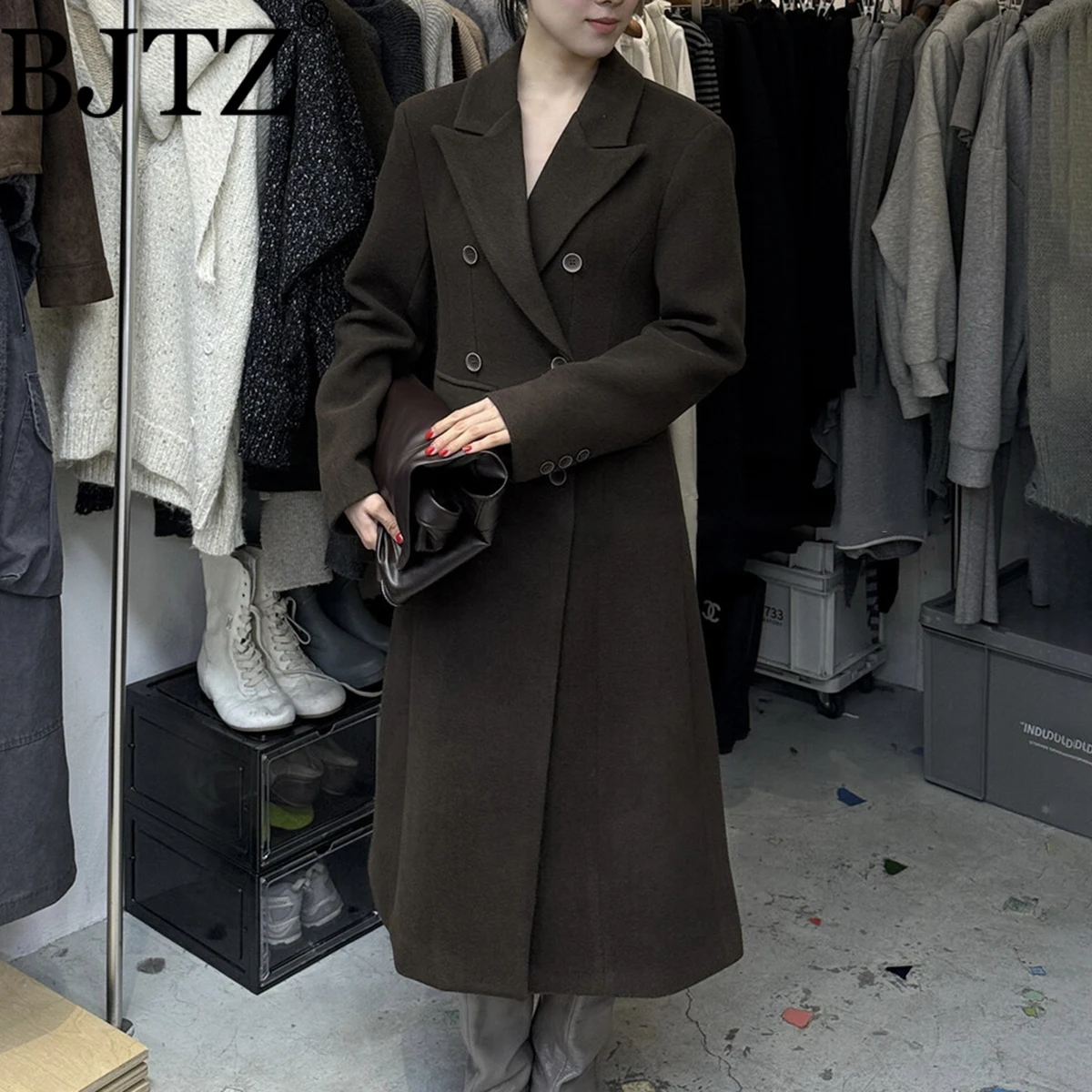 

BJTZ Women’s Wool Blend Trench Coat Tailored Waist Oversized Solid Color Casual Elegant Designer Minimalist Premium AW25