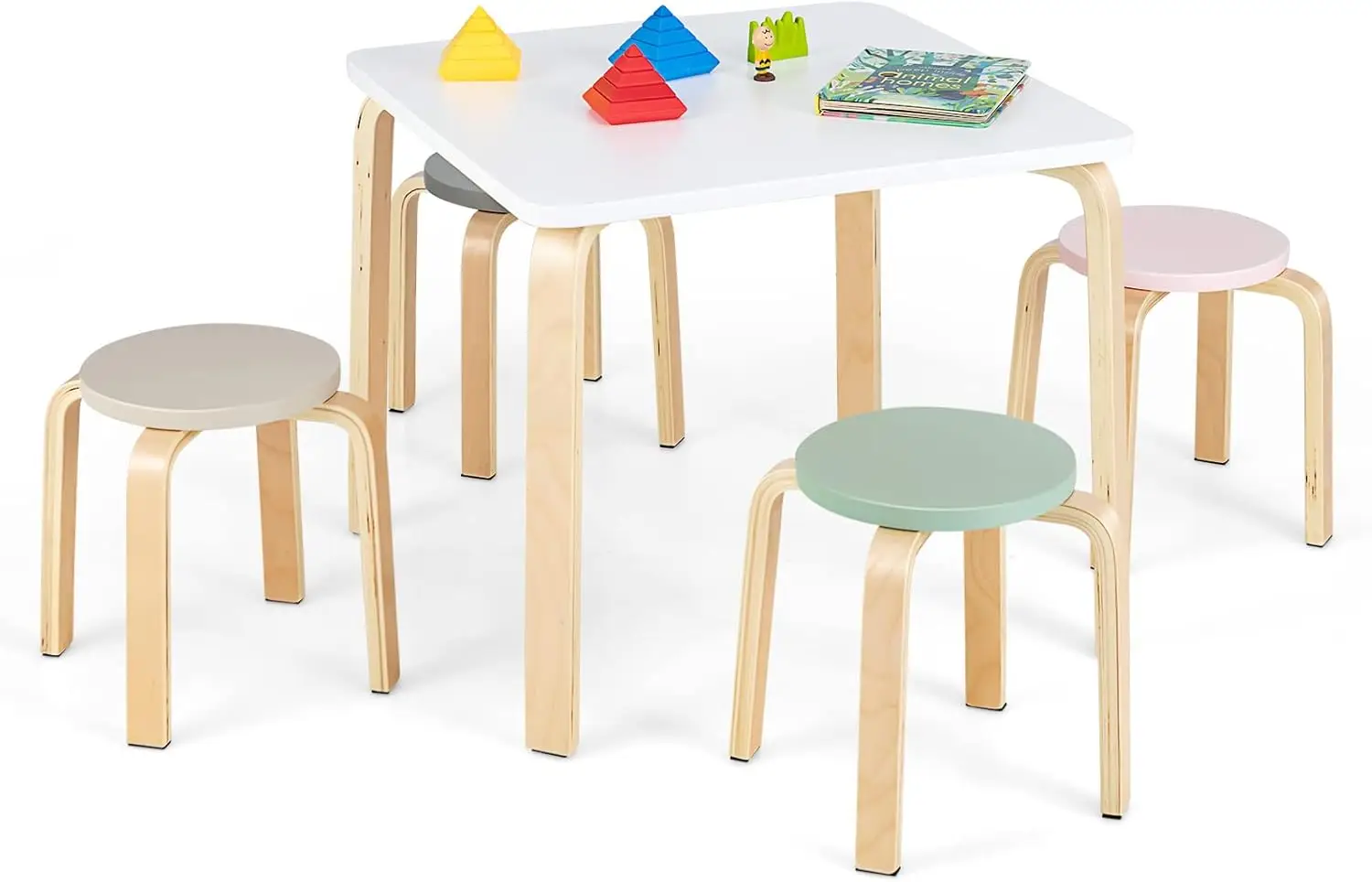 Kids Wooden Table and Stool Set, 5-Piece Activity Table with 4 Stools for Toddler Building Block Drawing Reading Art Crafts, Chi