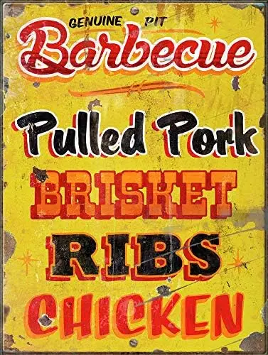 Genuine Pit Barbeque Pulled Pork Brisket Ribs Chicken Retro Metal Signs for Wall Art Decoration 8x12 Inches