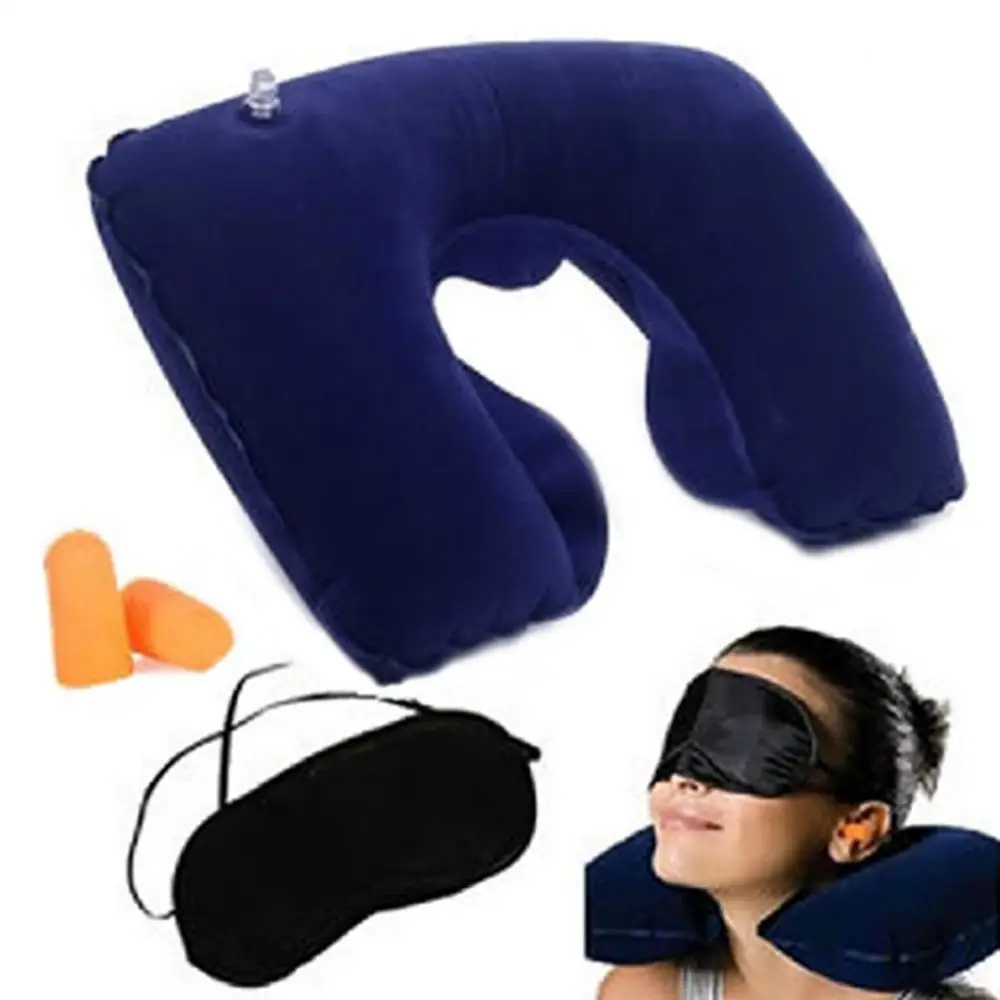 Inflatable Pillow Travel Flight Neck U Rest Air Cushion+ Eye Mask + Earplug