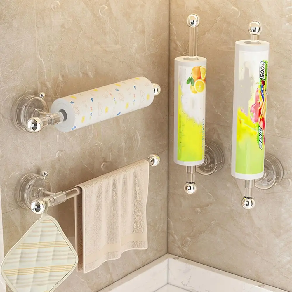 Plastic Suction Cup Tissue Holder Wall-Mounted Reusable Cling Film Storage Rack Waterproof Non Perforated Rolling Paper Holder