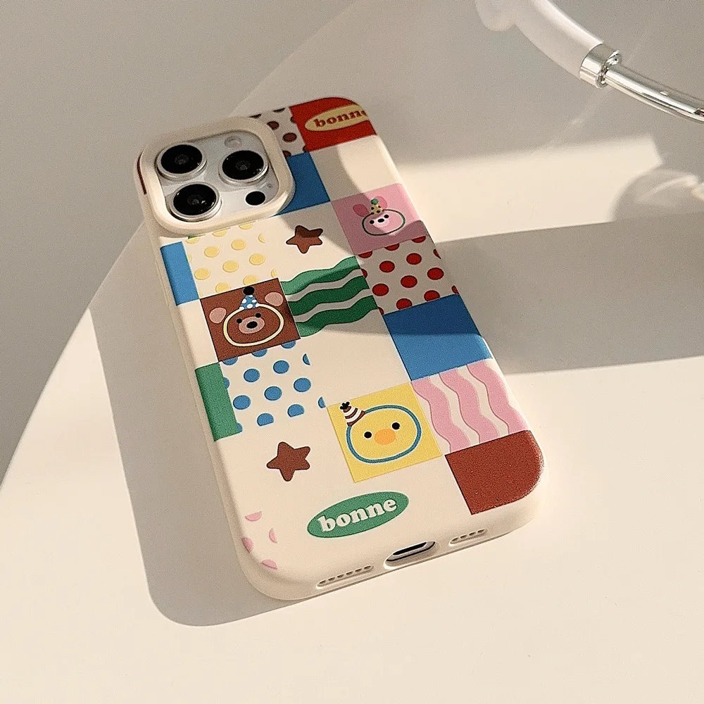 초콜릿 베어 핑크 토끼 줄무늬 도트 아트 휴대폰 케이스, 아이폰 16, 15, 14, 13, 12, 11 프로 맥스, 16 플러스 케이스, 귀여운 만화 소프트 커버