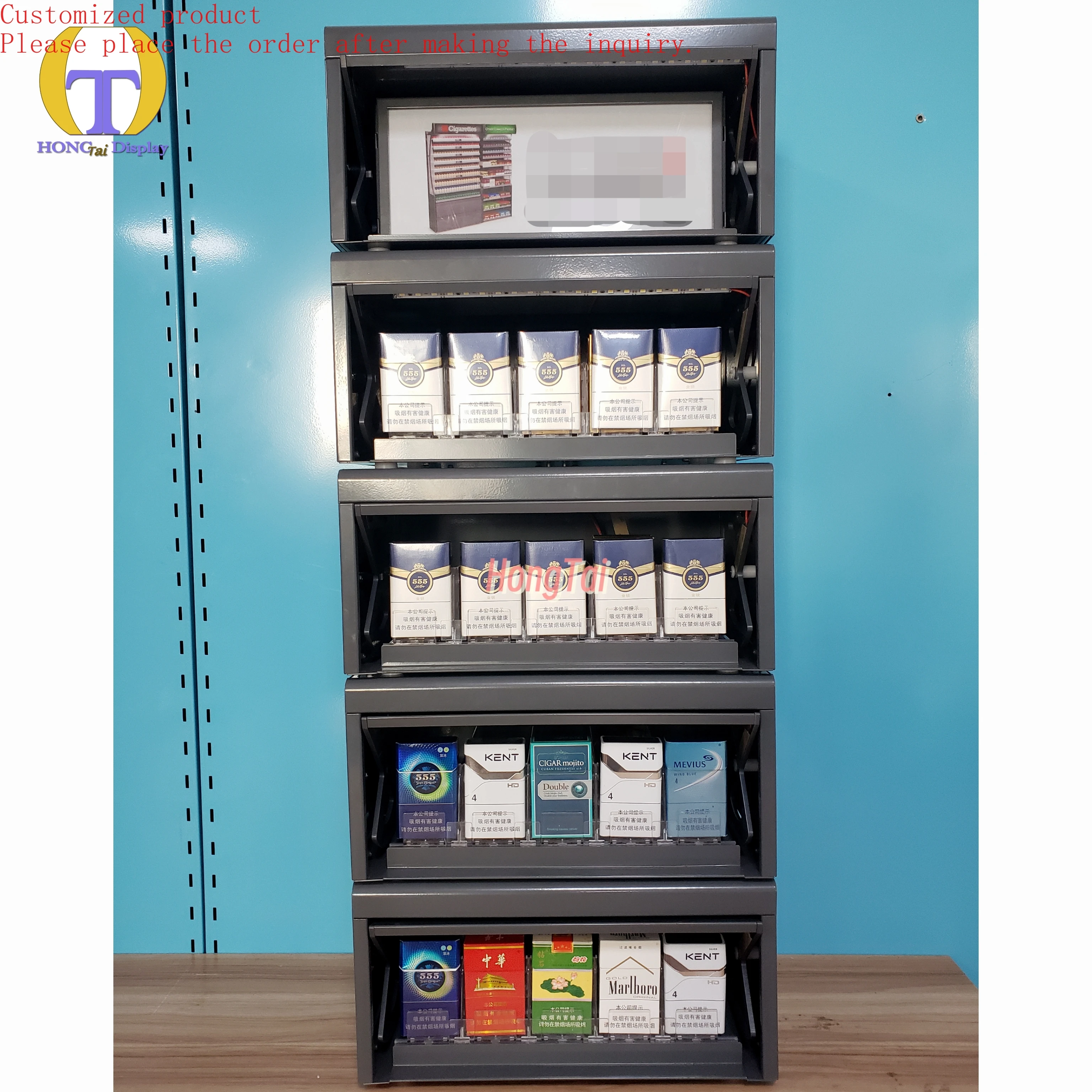 

Custom.Wholesale Custom-Size Smoke Showcase with LED Lighting Adjustable Shelf and Pusher for Cigarette Shops Tobacco Display Ra