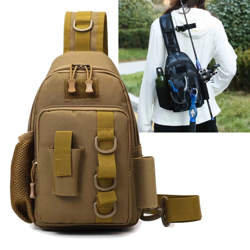 Tactical Fishing Chest Bag Large Storage Outdoor Sport Climbing Hiking Camping Fishing Bag with Rod Holder Molle Lure Fanny Pack