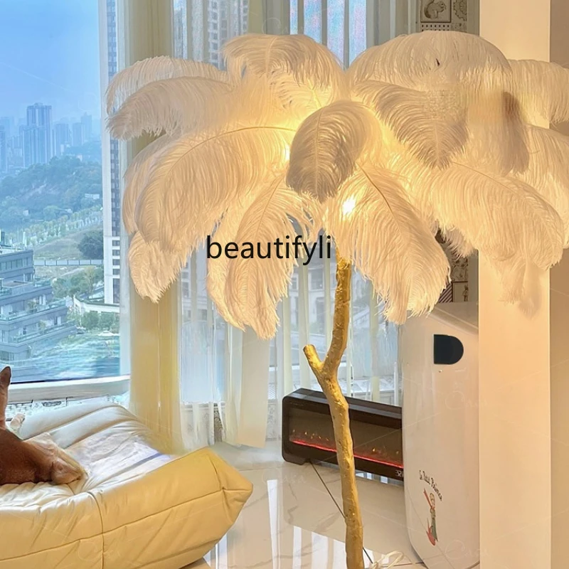 yj [Ostrich Feather] Copper Feather Floor Lamp Princess Bedroom Light Luxury Branch Living Room Decorative Lamp