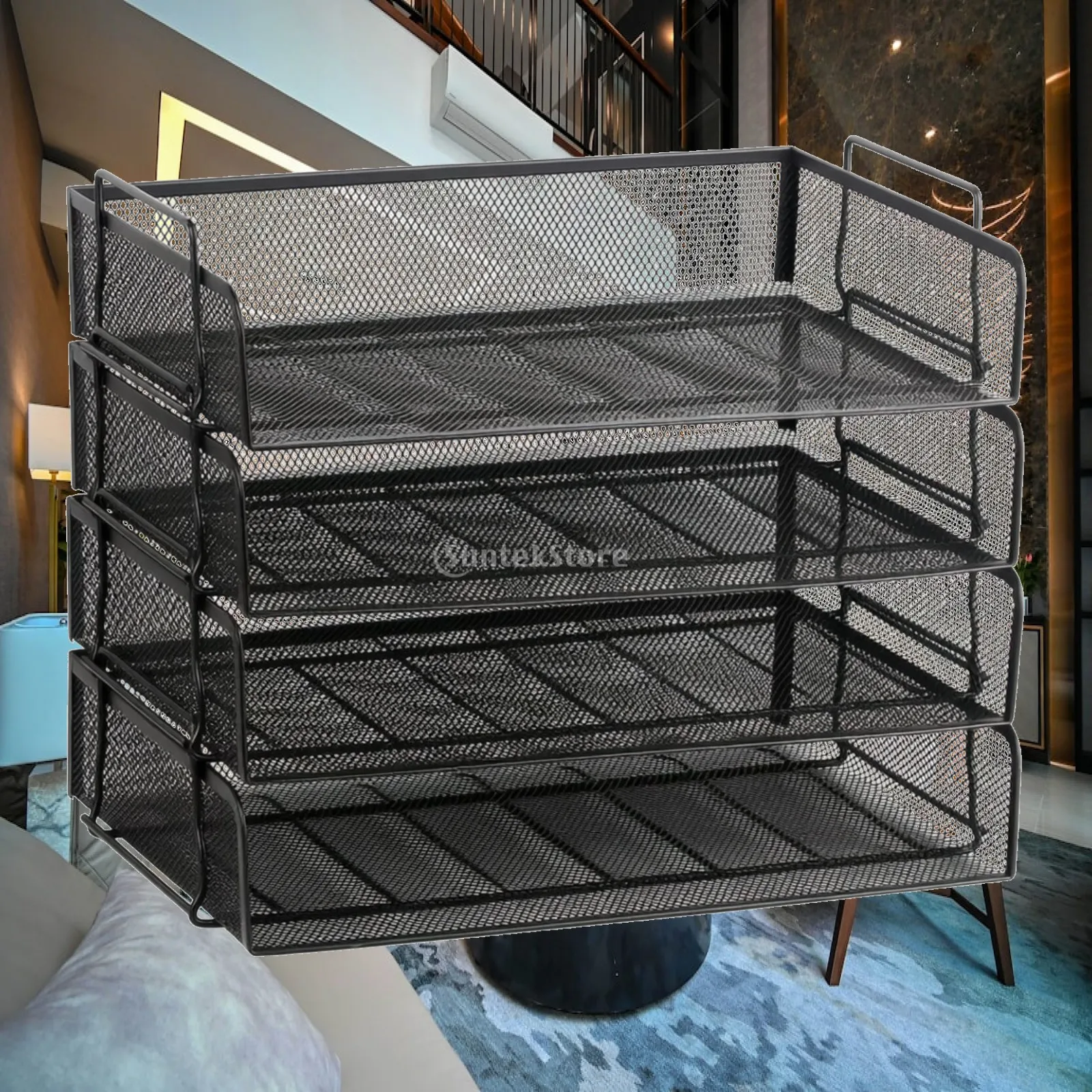 4-Tray Mesh Document Organizer Vertical Desktop Organizer with Mesh Trays Stacked Open-Front Letter Tray Sturdy for Office