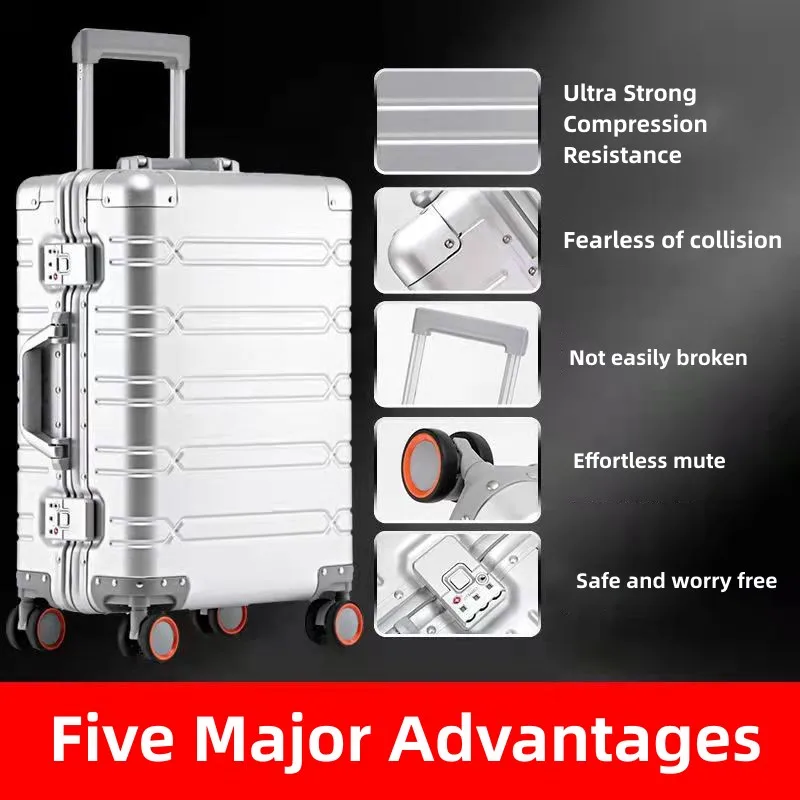 Kotak Trolley wanita, semua aluminium Magnesium Aloi logam roda Universal kata sandi logam Bisnis Travel Boarding Case keras