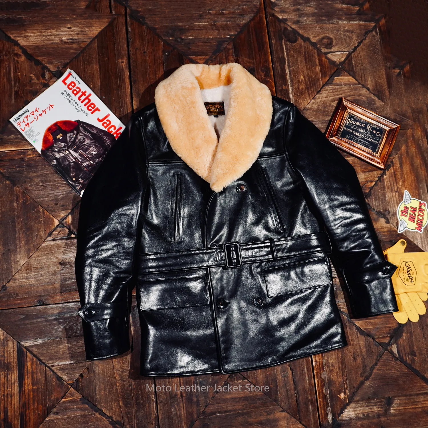 Heavyweight Armor Style American Retro Classic Double Breasted 740 Farmer Horsehide Leather Coat Inner Sheepskin Lining Jacket