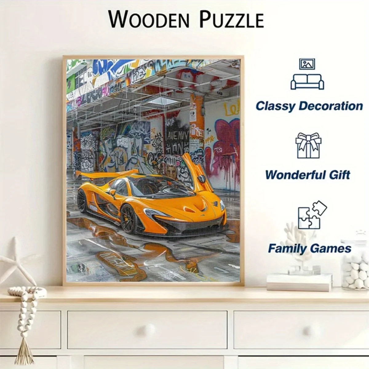 1,000ピース エキゾチックカー＆グラフィティアートパズル - 都市街路の鮮やかなオレンジ色のスポーツカー、大人向けの挑戦的なDIYゲーム