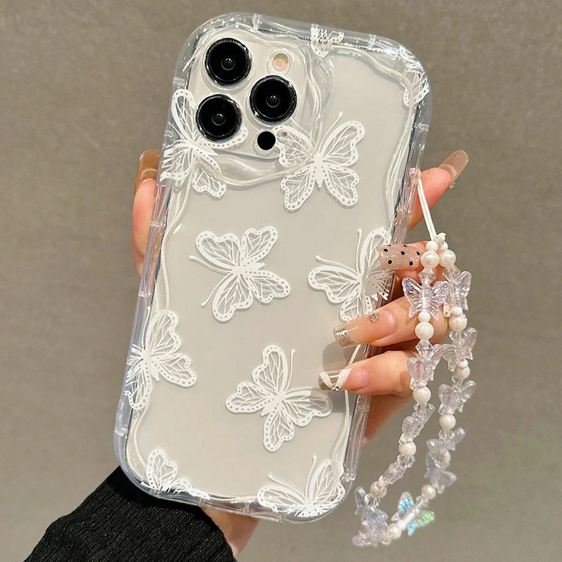 Borboleta impressa design alça de mão transparente caso telefone para xiaomi poco x7 x6 x5 f5 f6 f7 pro 5g x3 f3 m6 claro pára-choques capa