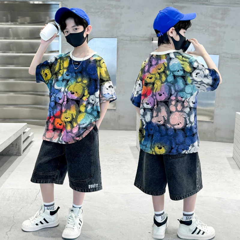 

2024 New Summer Bear 3D Printed O-Neck T-shirt Short sleeved Boys' Casual Fashion Loose Street Top+Personalized Denim Shorts Set