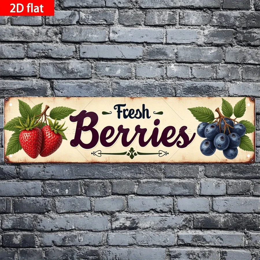 Vintage Metal Sign- Retro Fresh Berries& Juicy Fruits Wall Art with Strawberries, Blueberries, Raspberries- Rustic Kitchen, Cafe