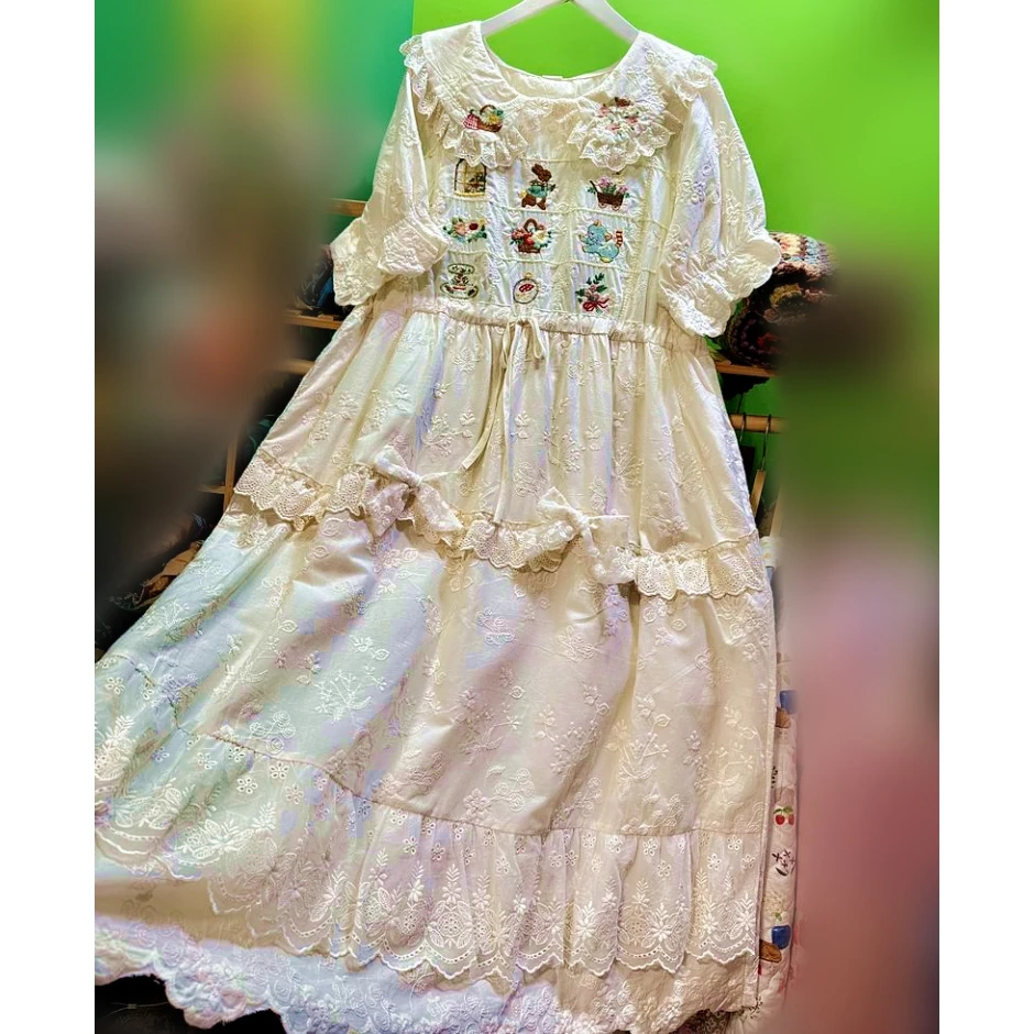 

Female Cotton Floral Embroidery Lace Mori Girl Cottagecore Long Dress Retro Rococo Goblincore Sweet Lolita Cute White Midi Dress