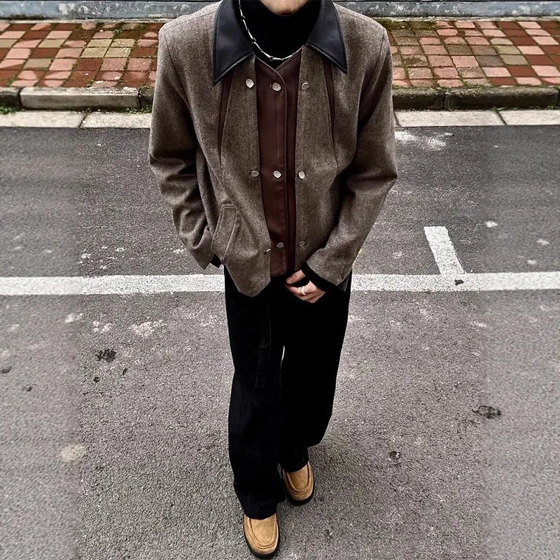 

American Style Splice Color Block Suede Jacket Men Slim Fit Trendy Short Style Polyester Nylon Composite Fiber Male Jacket