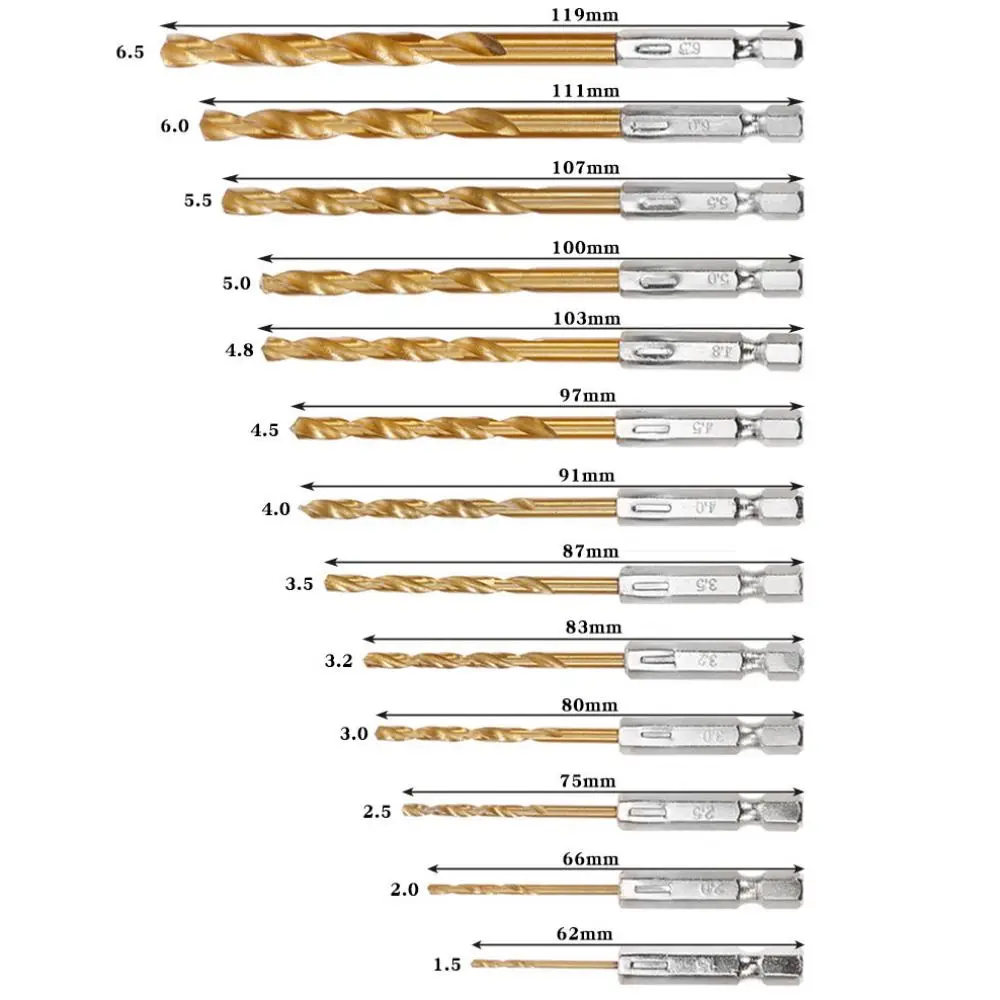Portable Titanium Twist Drill Bit 1.5-6.5mm Hex Shank Reaming Drill Bit Power Tool Multi-function Woodworking Drill Bit