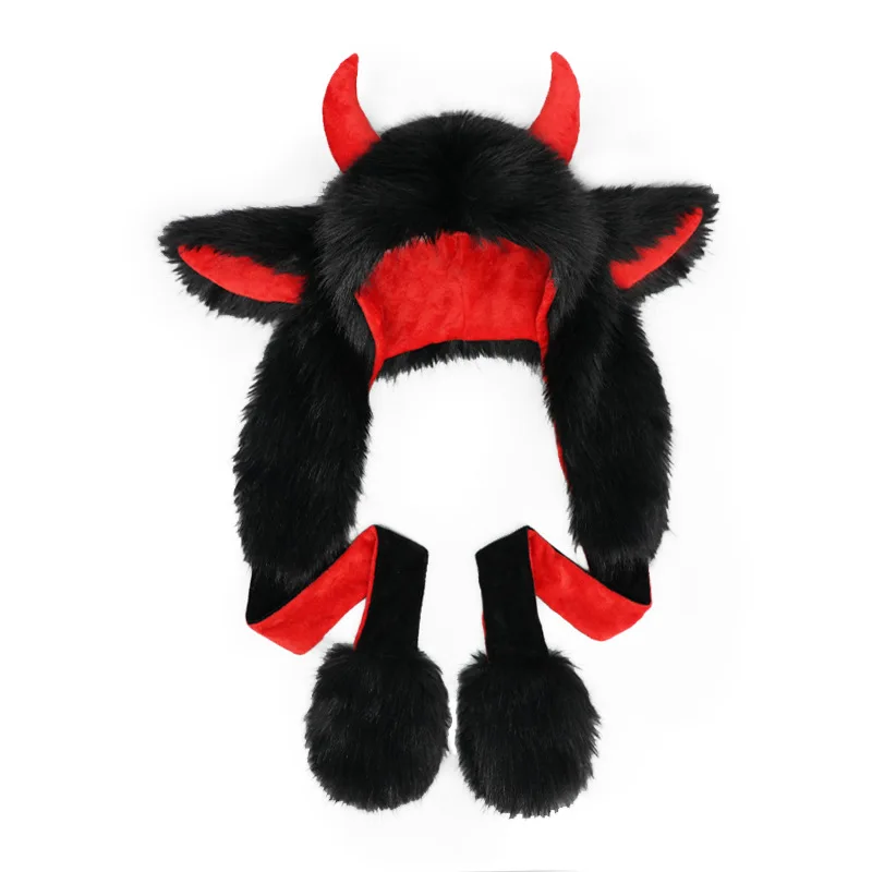 Black Red Unisex Faux Fur Hood Winter Animal Hat Handsome Yak Ear Warmth Thickened Plush Outdoor Ear Protection Hats