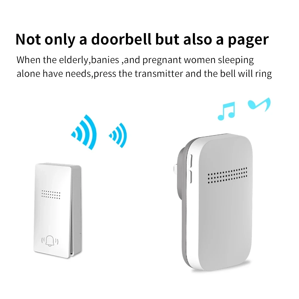 Mini Size Battery Free Self Powered Wireless Doorbell With 38 Ring Tones And 4 Level Adjustable High Volume Remote Pager