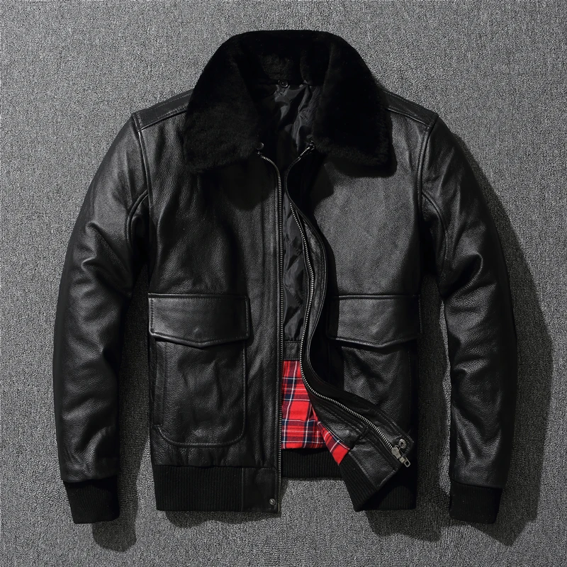 

Air Force Flight Jacket Fur Collar Genuine Top Layer Cow Leather Jacket Men Black Brown Cow Coat Men's Winter Jacket 정품 가죽