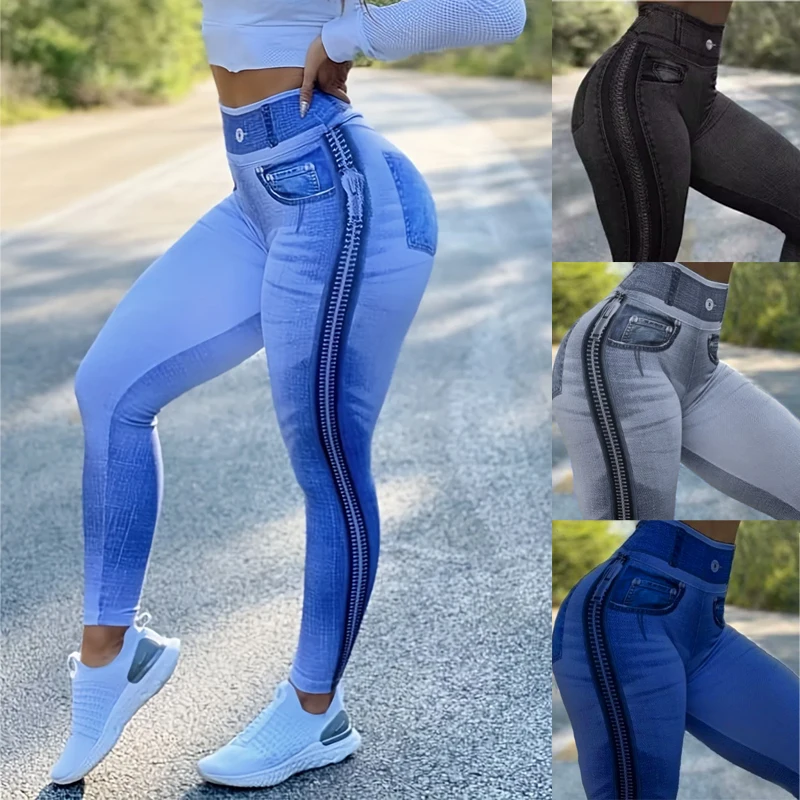 New Women High-Stretch Denim Prints Fashion High Waist 3D Zipper Printing Leggings Comfortable Daily Wear for Yoga Active